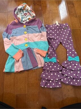 Matilda Jane Striped Hooded Tunic and Purple Polka Dot Ruffle Pants Set